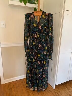 Johnny Was  Ruffles  Silk Drawstring Waist Floral Maxi Dress Blue Slip Boho Sm